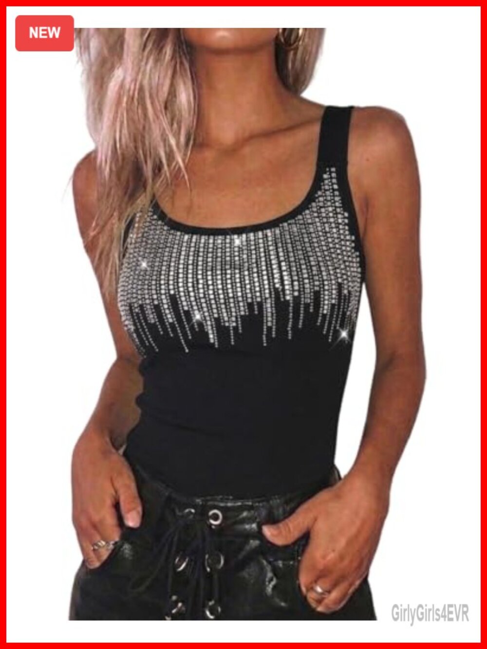 Rhinestone Backless U-Neck Fitted Tank Top Sleeveless Party Club Top